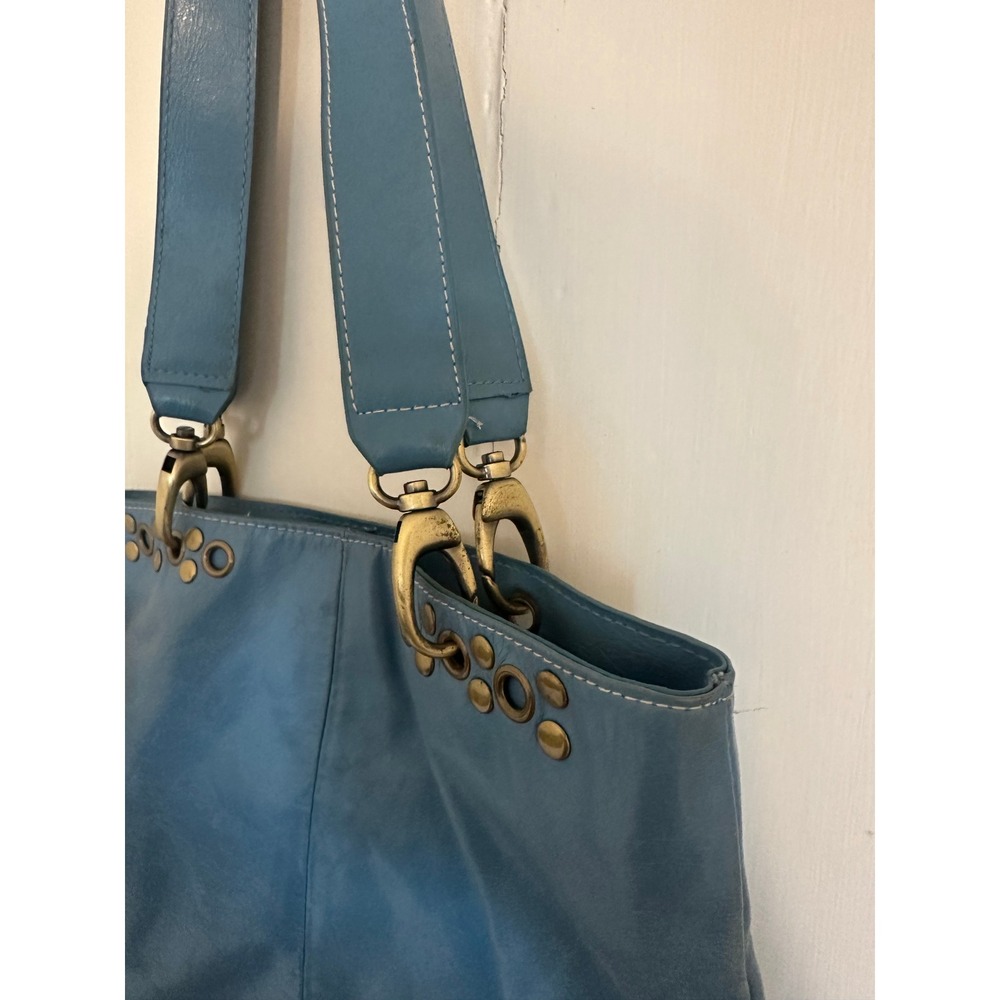Slouchy Blue Hobo Leather Studded Grommet Shoulder Bag Tote Brass Hardware - Picture 4 of 7